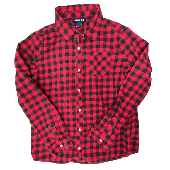 LANDS' END Plaid Flannel Button Down Boys Size L Buffalo Check Red Black Winter - Picture 1 of 7